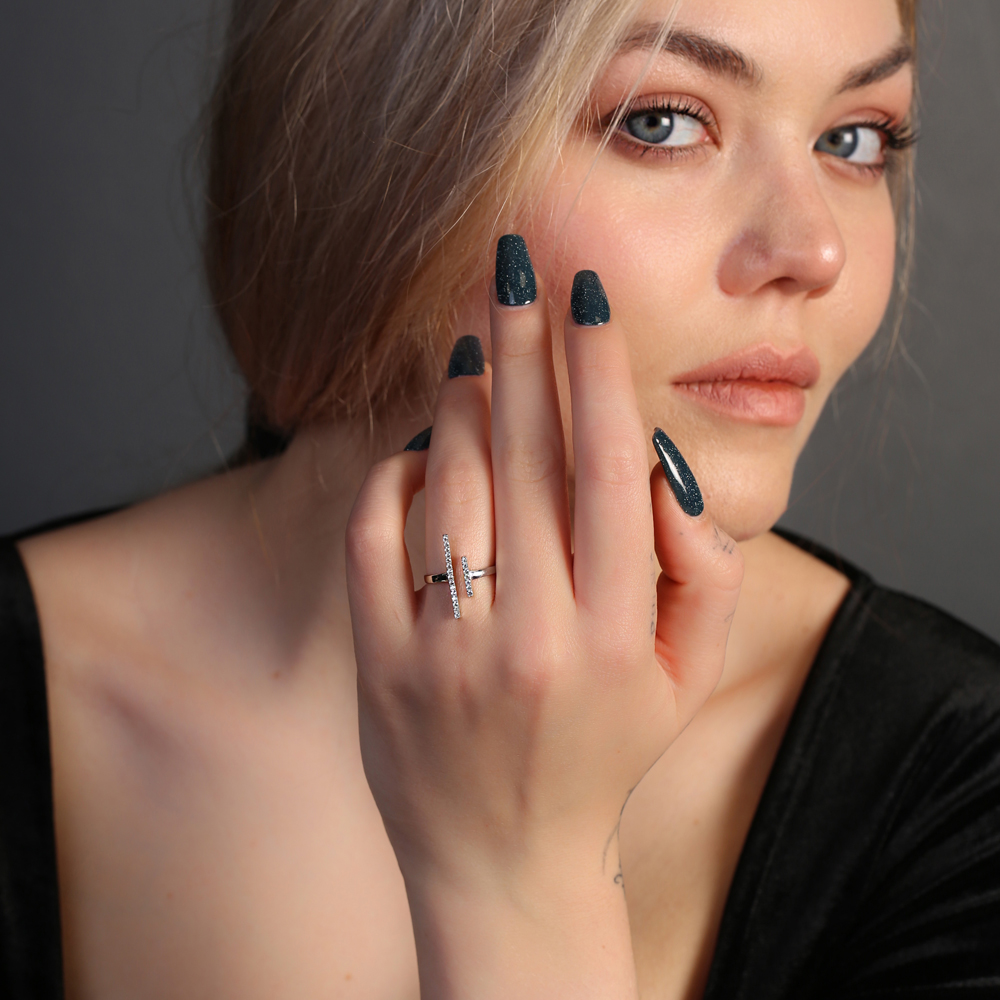 Micro Pave Zircon Bar Dainty Unique Shape Women Ring 925 Sterling Silver Jewelry