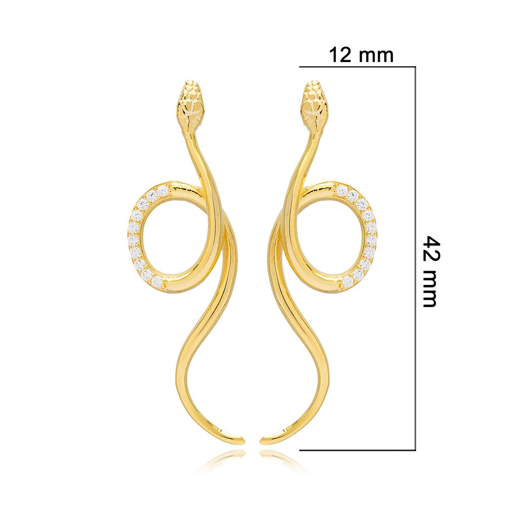 Stylish Snake Design Zircon Stone Earrings Turkish Handmade 925 Sterling Silver Jewelry