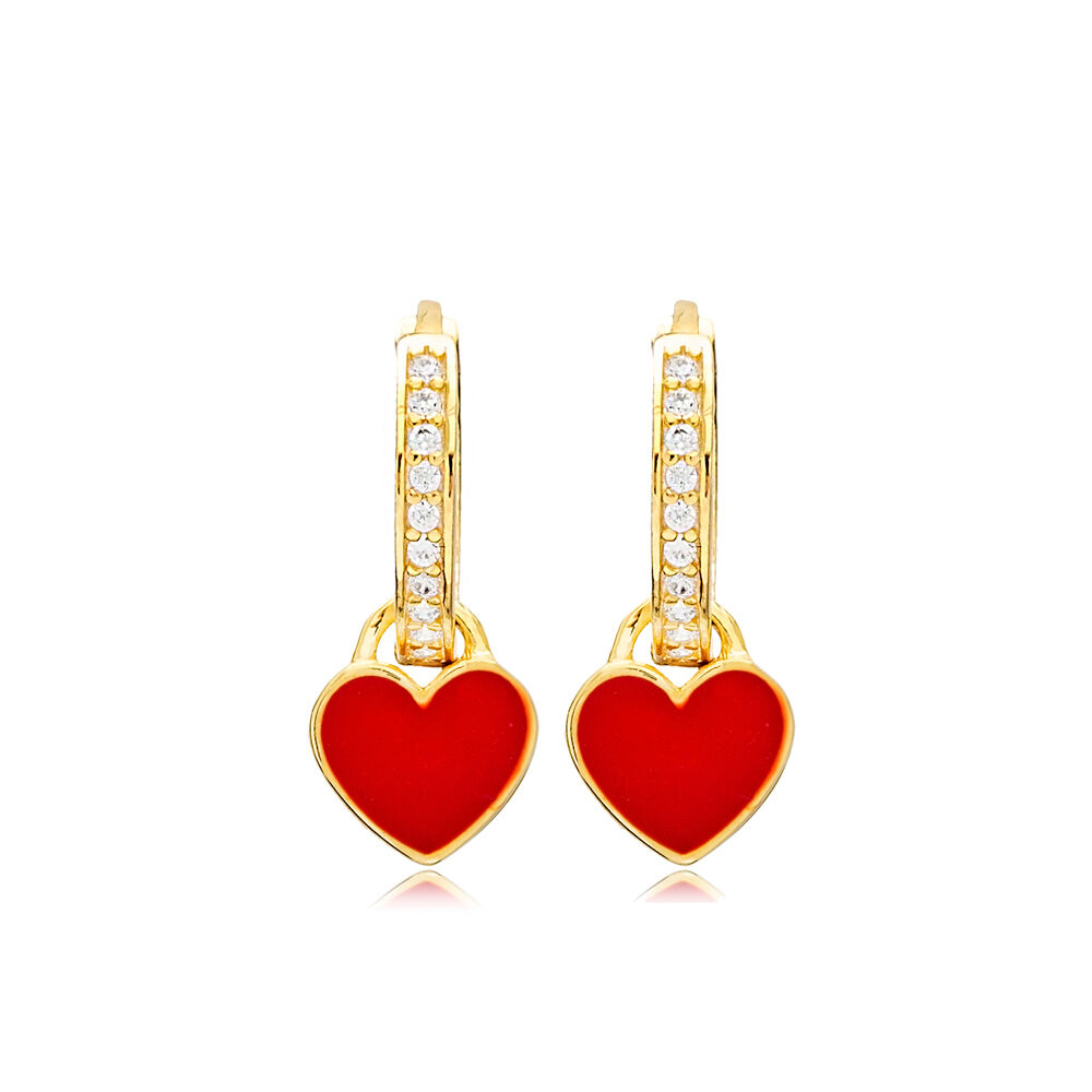 Red Enamel Heart Design Minimalist Dangle Earrings Turkish Handmade Wholesale Sterling Silver Jewelry