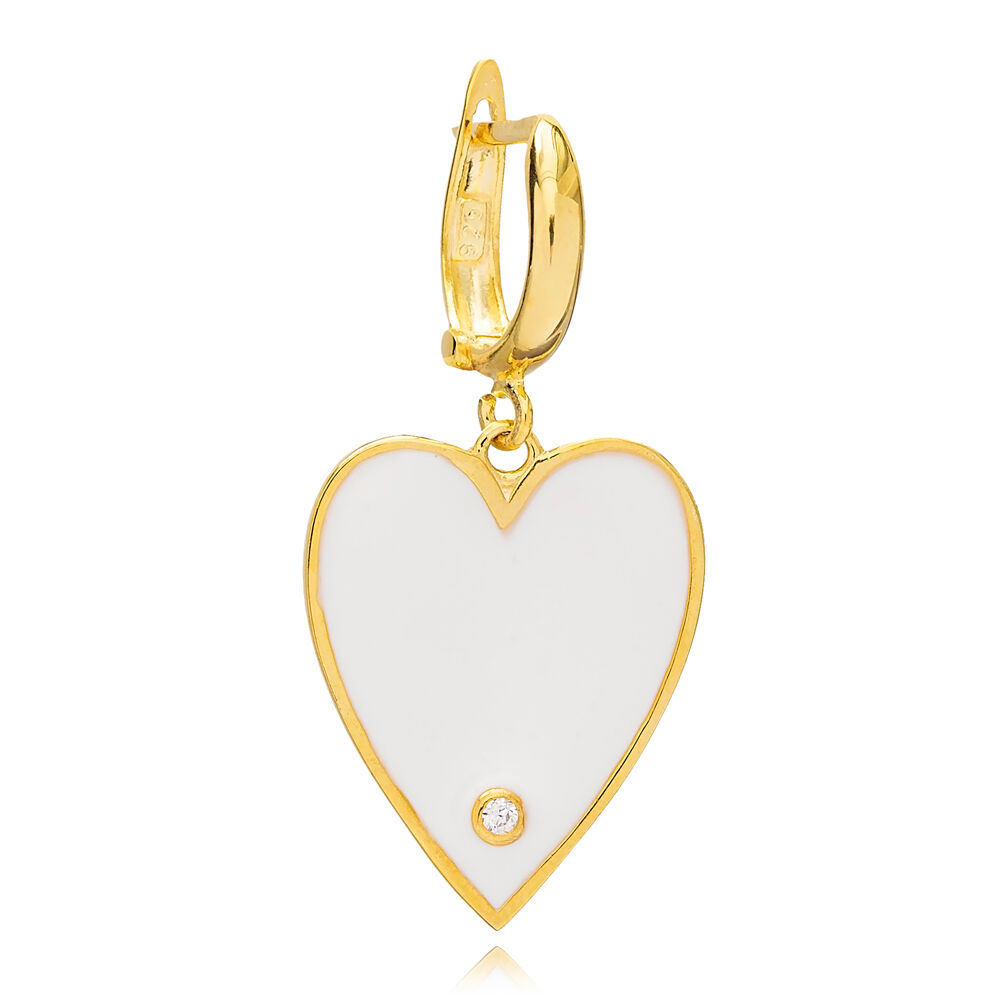 Dainty White Enamel Heart Design Single Dangle Earring Turkish Wholesale Sterling Silver Jewelry