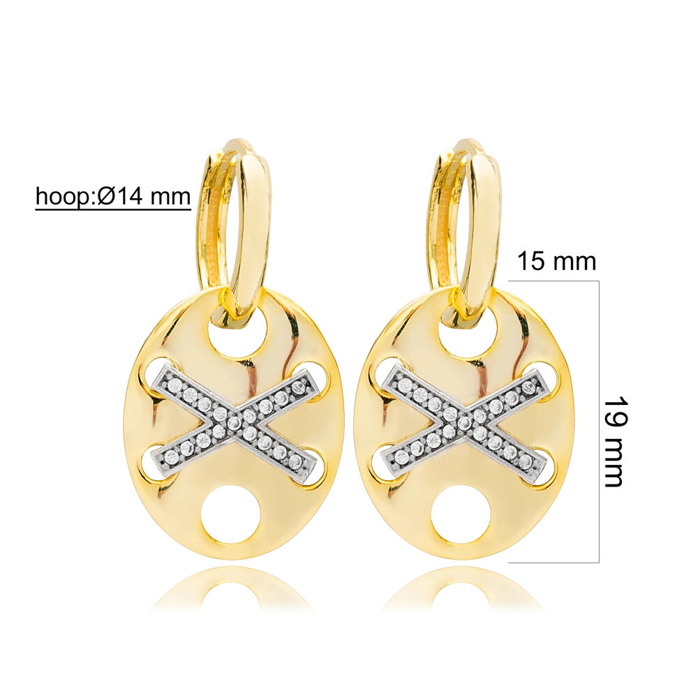 Zircon Stone Hoop X Design Dangle Earring Turkish 925 Sterling Silver Wholesale Jewelry