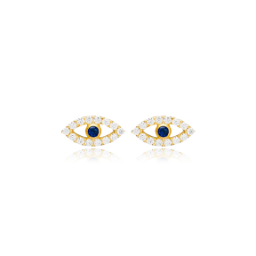 Popular Evil Eye Charm Sapphire Zircon Stud Earrings Turkish Handmade 925 Sterling Silver Jewelry