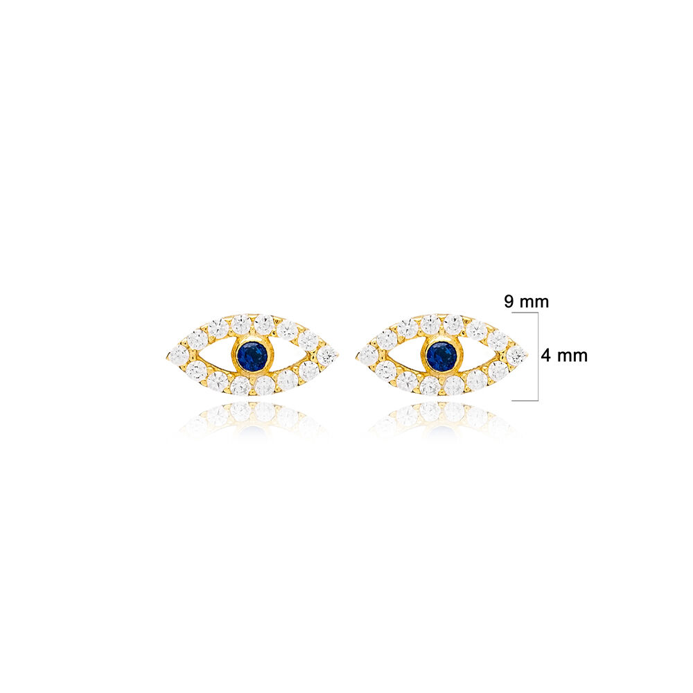 Evil Eye Charm Sapphire Zircon Stud Earrings Turkish Handmade 925 Sterling Silver Jewelry