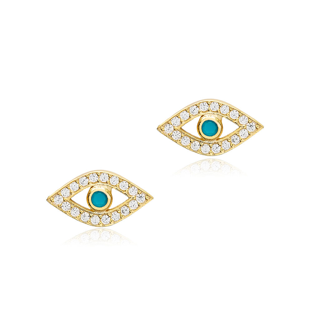 Evil Eye Charm Turquoise Zircon Trendy Stud Earrings Turkish Handmade 925 Sterling Silver Jewelry