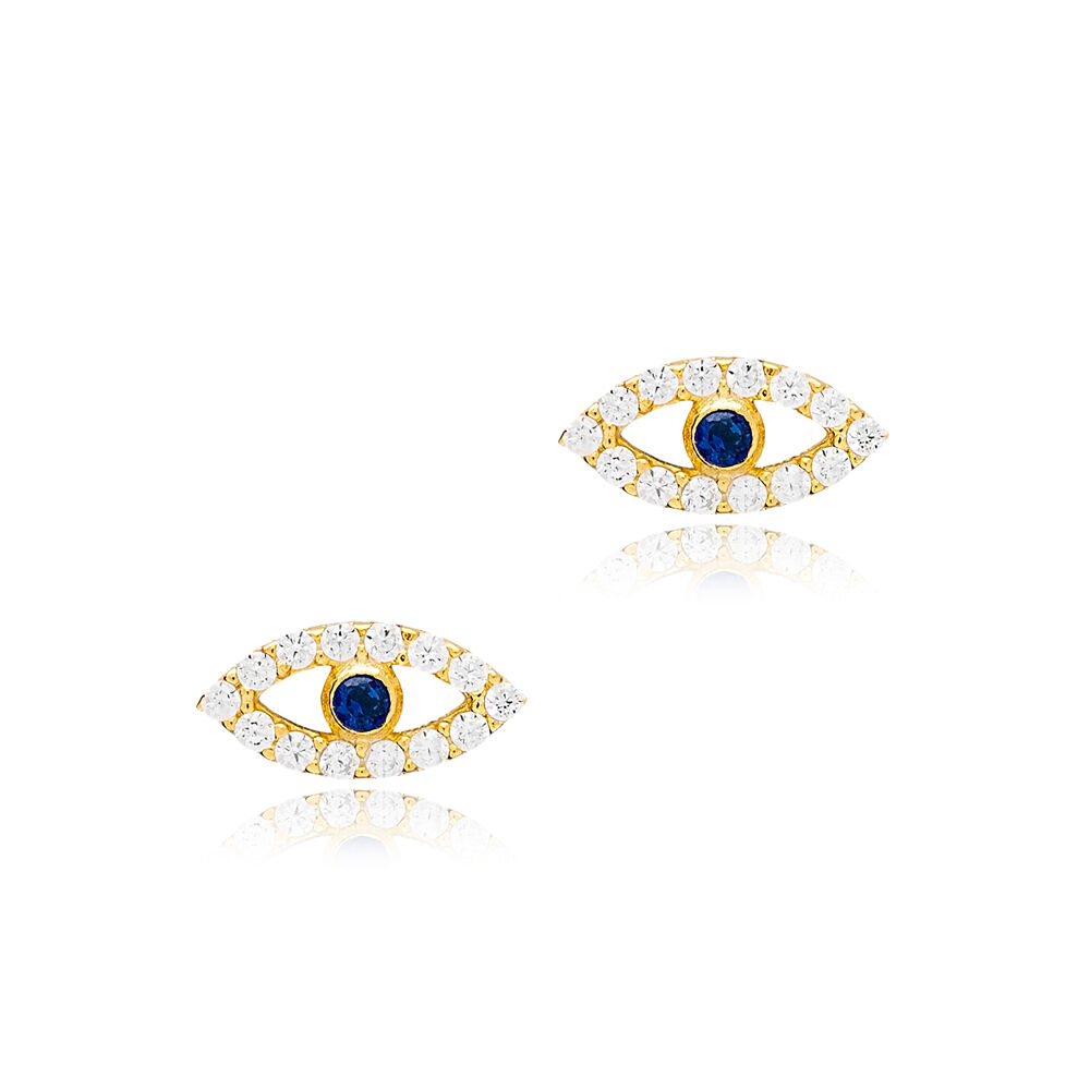 Popular Evil Eye Charm Sapphire Zircon Stud Earrings Turkish Handmade 925 Sterling Silver Jewelry