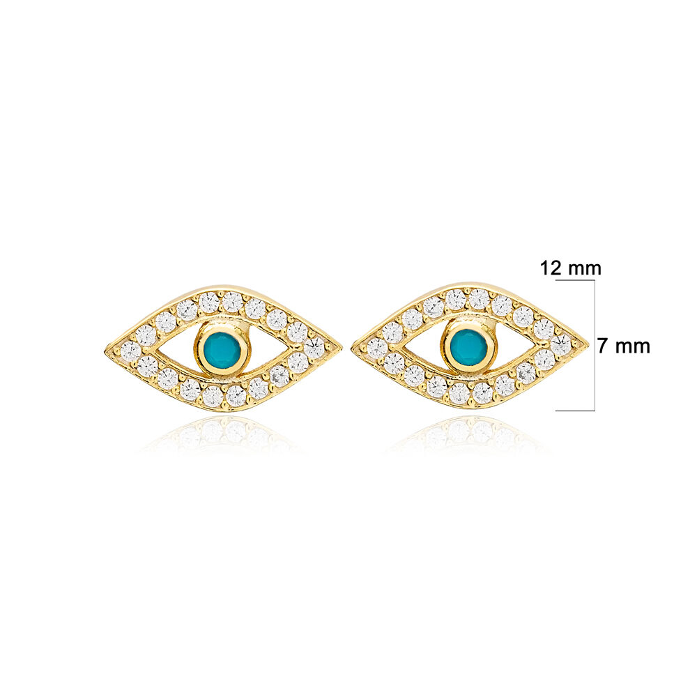 Evil Eye Charm Turquoise Zircon Trendy Stud Earrings Turkish Handmade 925 Sterling Silver Jewelry