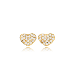 Heart Love Minimalist Charm Zircon Stud Earrings Turkish Handcrafted 925 Sterling Silver Jewelry