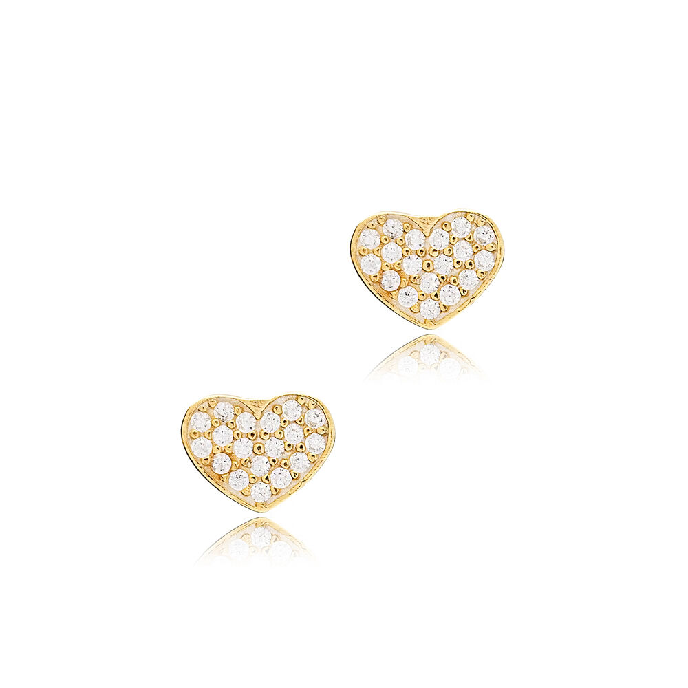 Heart Love Minimalist Charm Zircon Stud Earrings Turkish Handcrafted 925 Sterling Silver Jewelry