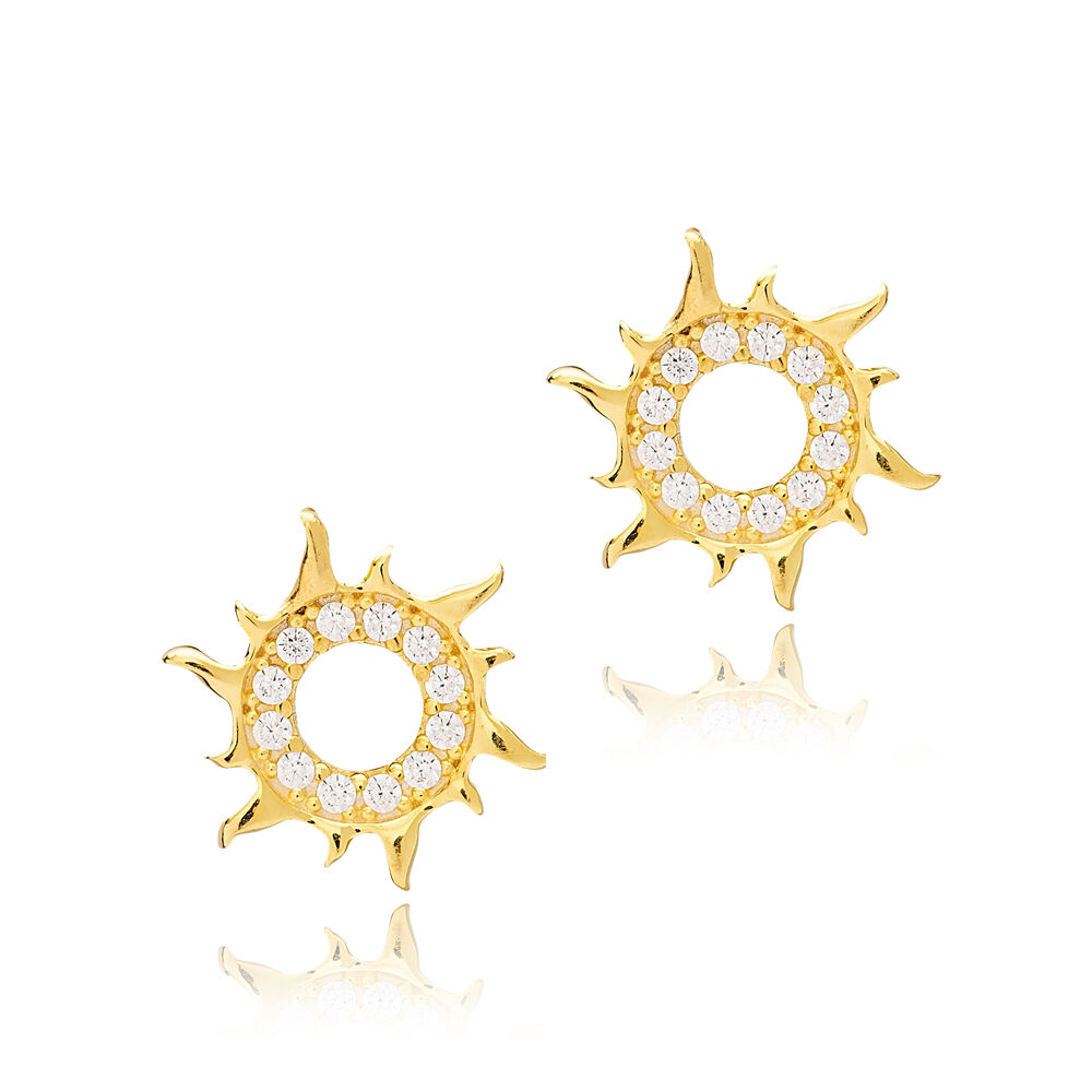 Sun Design Round Charm Trendy Stud Earrings Turkish Wholesale 925 Sterling Silver Jewelry