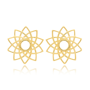 Flower Design Plain Round Shape Earrings Jewelry Turkish Handmade 925 Sterling Silver Jewelry