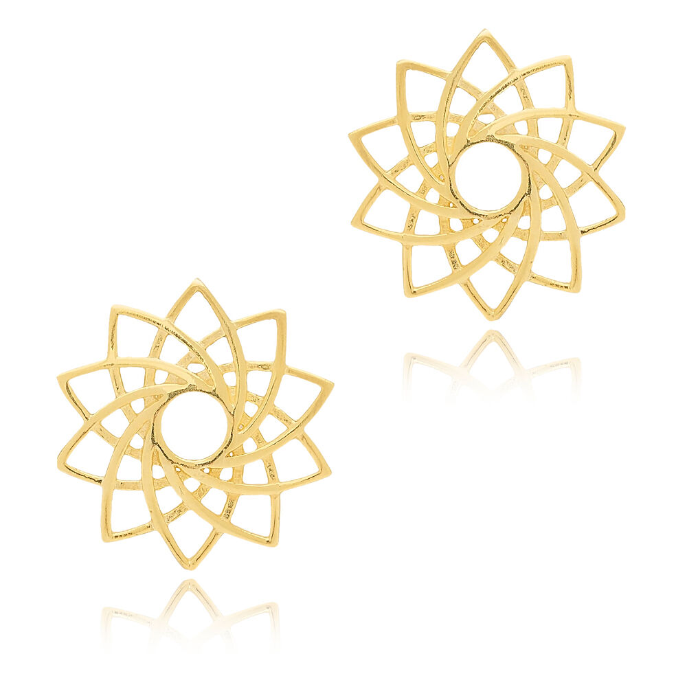 Dainty Flower Design Plain Round Shape Earrings Jewelry Turkish Handmade 925 Sterling Silver Jewelry