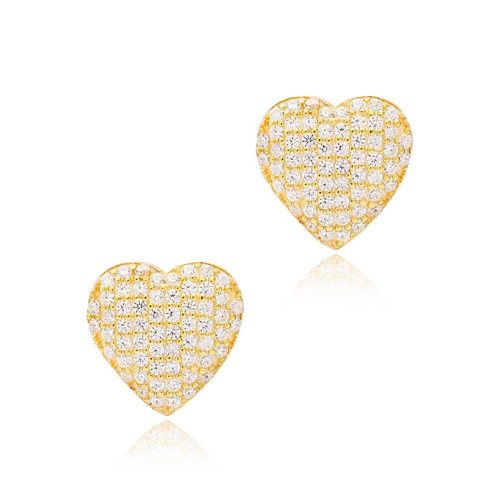 Clear Zircon Stone Heart Design Jewelry Turkish Handmade 925 Sterling Silver Earrings