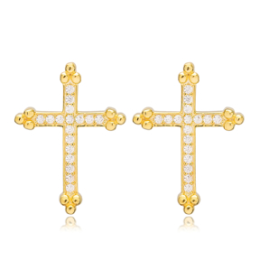 White Stone Cross Design Jewelry Turkish Wholesale Handcrafted 925 Sterling Silver Women Stud Earrings