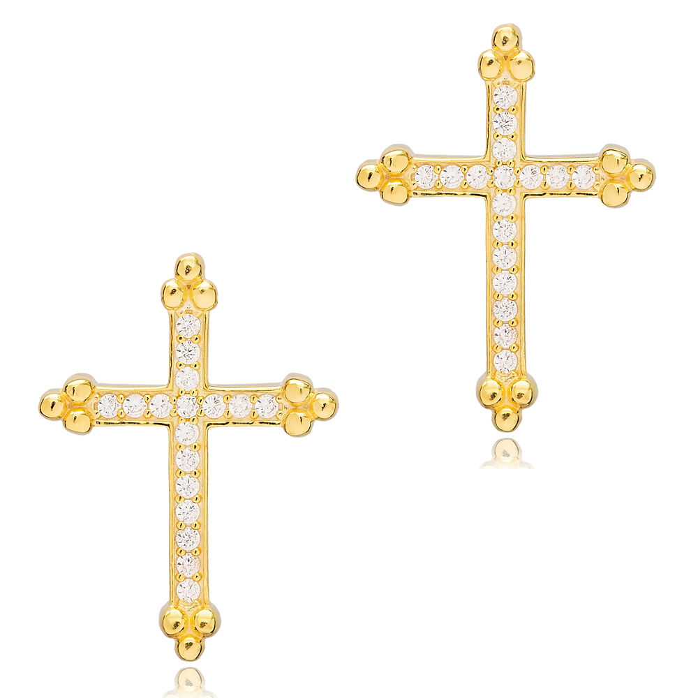 White Stone Cross Design Jewelry Turkish Wholesale Handcrafted 925 Sterling Silver Women Stud Earrings