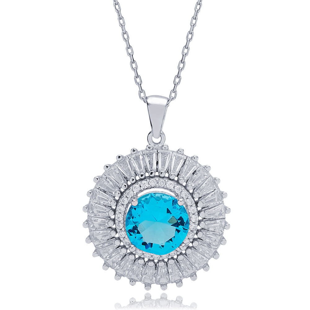42+5 Cm Aquamarine Stone Rounded Charm 925 Silver Pendant Wholesale Sterling Silver Jewelry