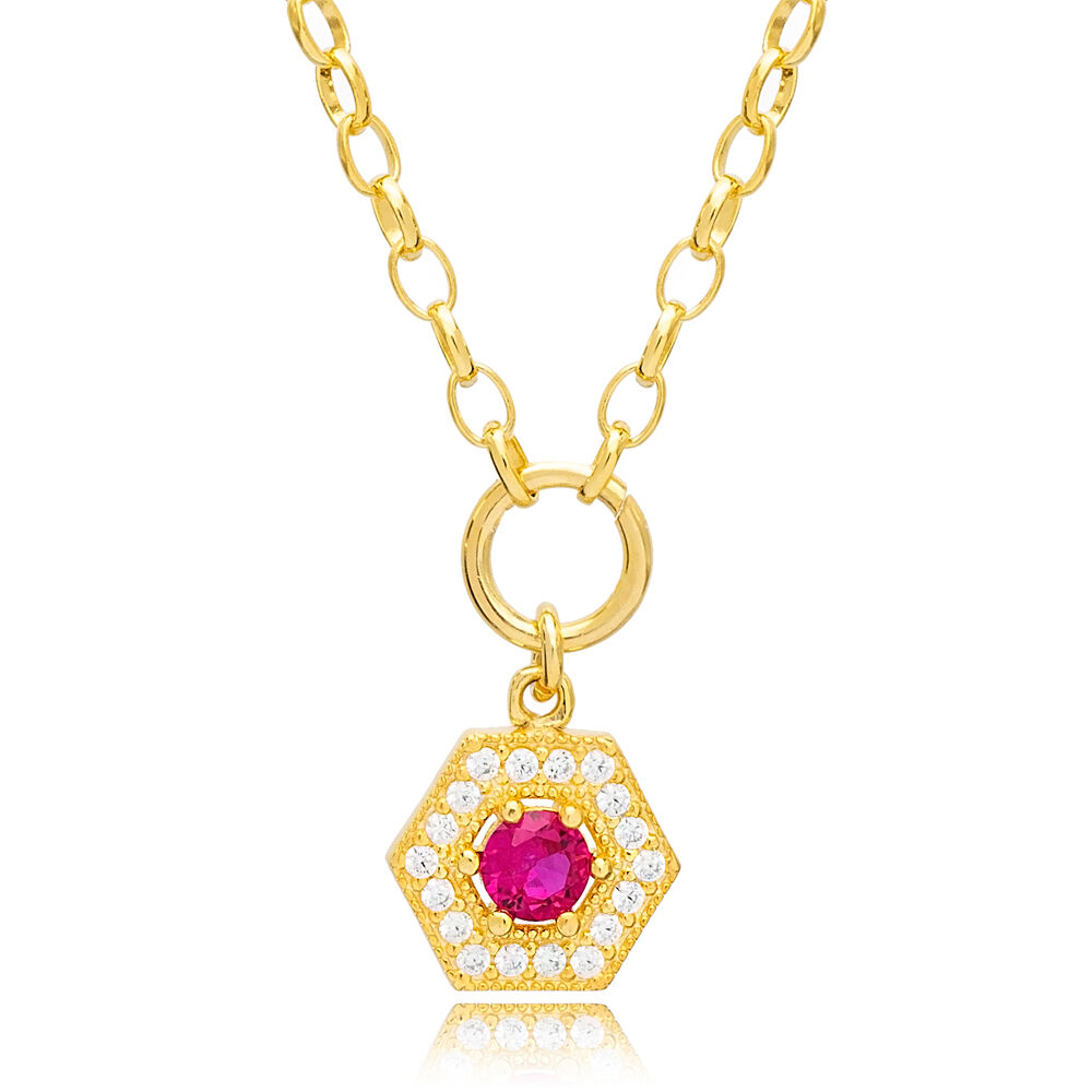 Ruby and Zircon Stone Hexagon Hollow Charm Necklace Wholesale 925 Sterling Silver For Ladies Jewelry