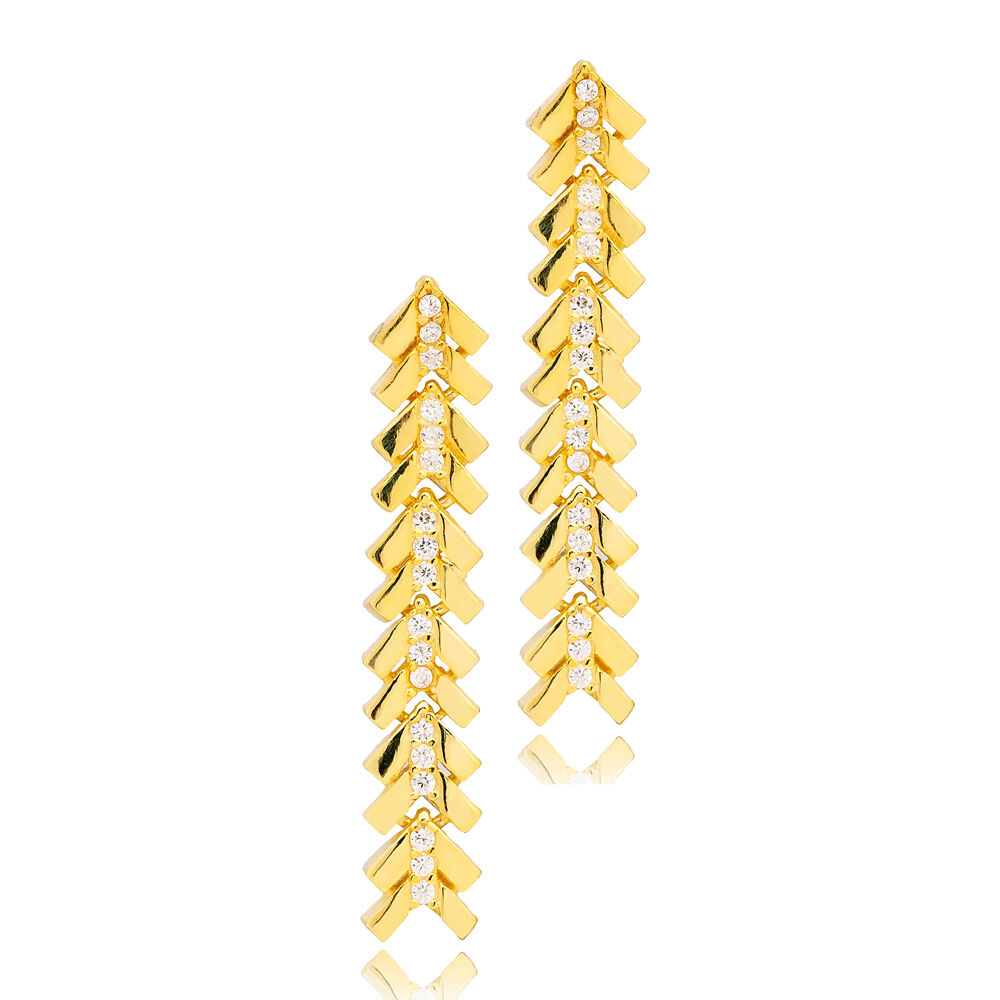 Chic Arrow Point Design Zircon Stone Detailed Long Earrings Turkish Wholesale 925 Sterling Silver Jewelry