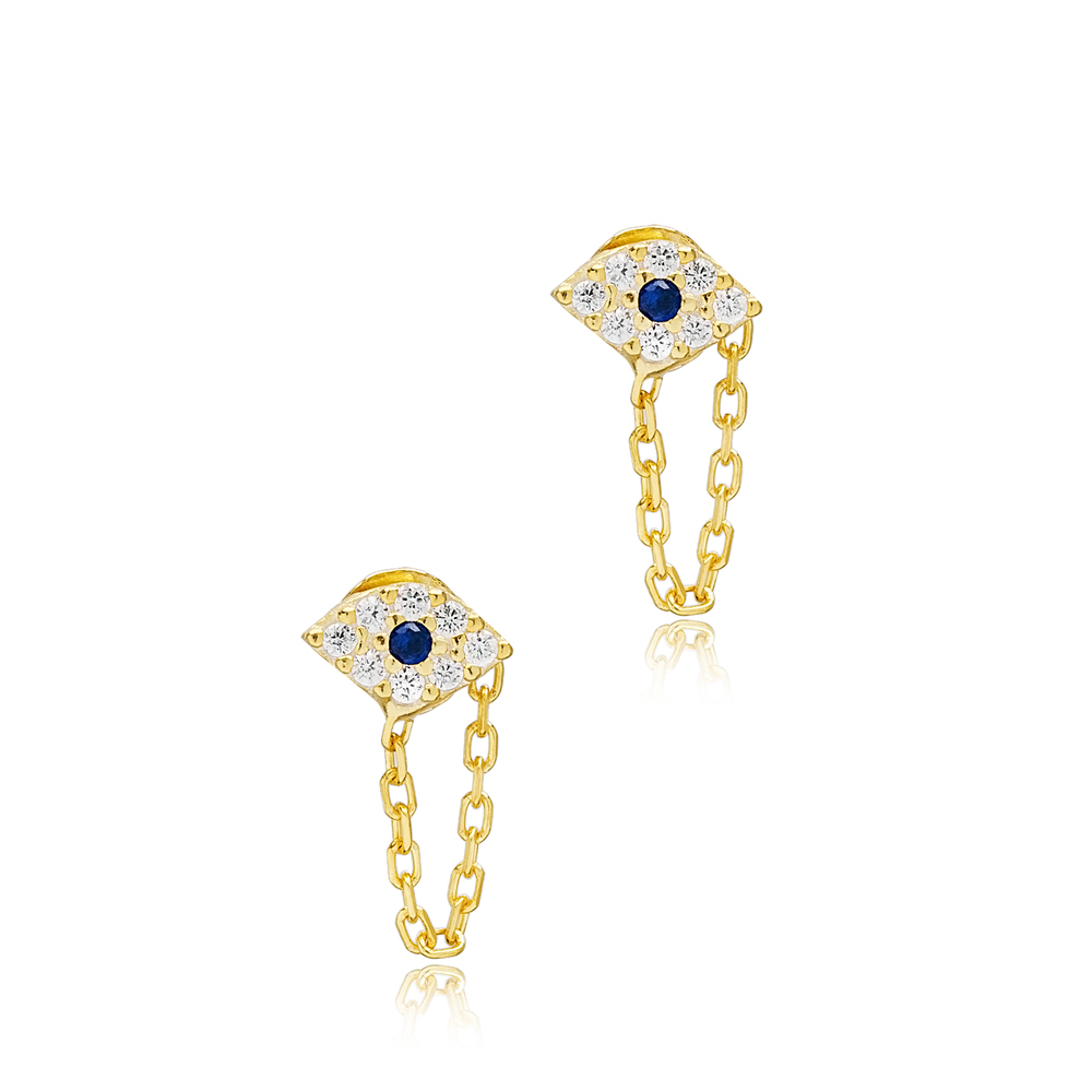 Lucky Evil Eye Link Chain Stud Earrings Handcrafted Turkish Theia Wholesale 925 Sterling Silver Jewelry