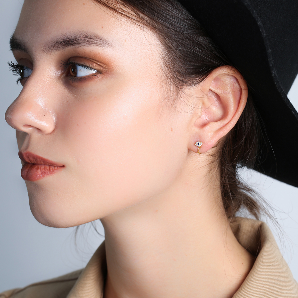 Lucky Evil Eye Link Chain Stud Earrings Handcrafted Turkish Theia Wholesale 925 Sterling Silver Jewelry