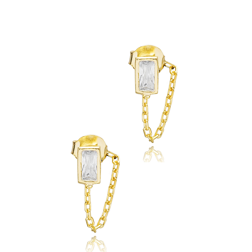 Rectangle Zircon Stone Link Chain Design Handcrafted Turkish Theia Wholesale 925 Sterling Silver Stud Earrings Jewelry