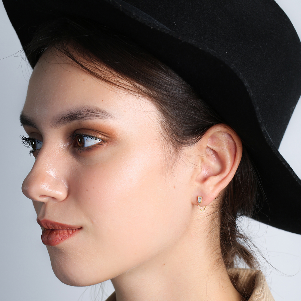 Rectangle Zircon Stone Link Chain Design Handcrafted Turkish Theia Wholesale 925 Sterling Silver Stud Earrings Jewelry