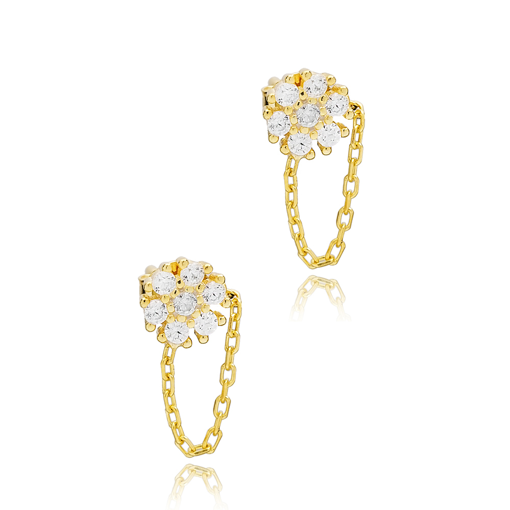 Flower Zircon Stone Link Chain Design Handcrafted Turkish Theia Wholesale 925 Sterling Silver Stud Earrings Jewelry