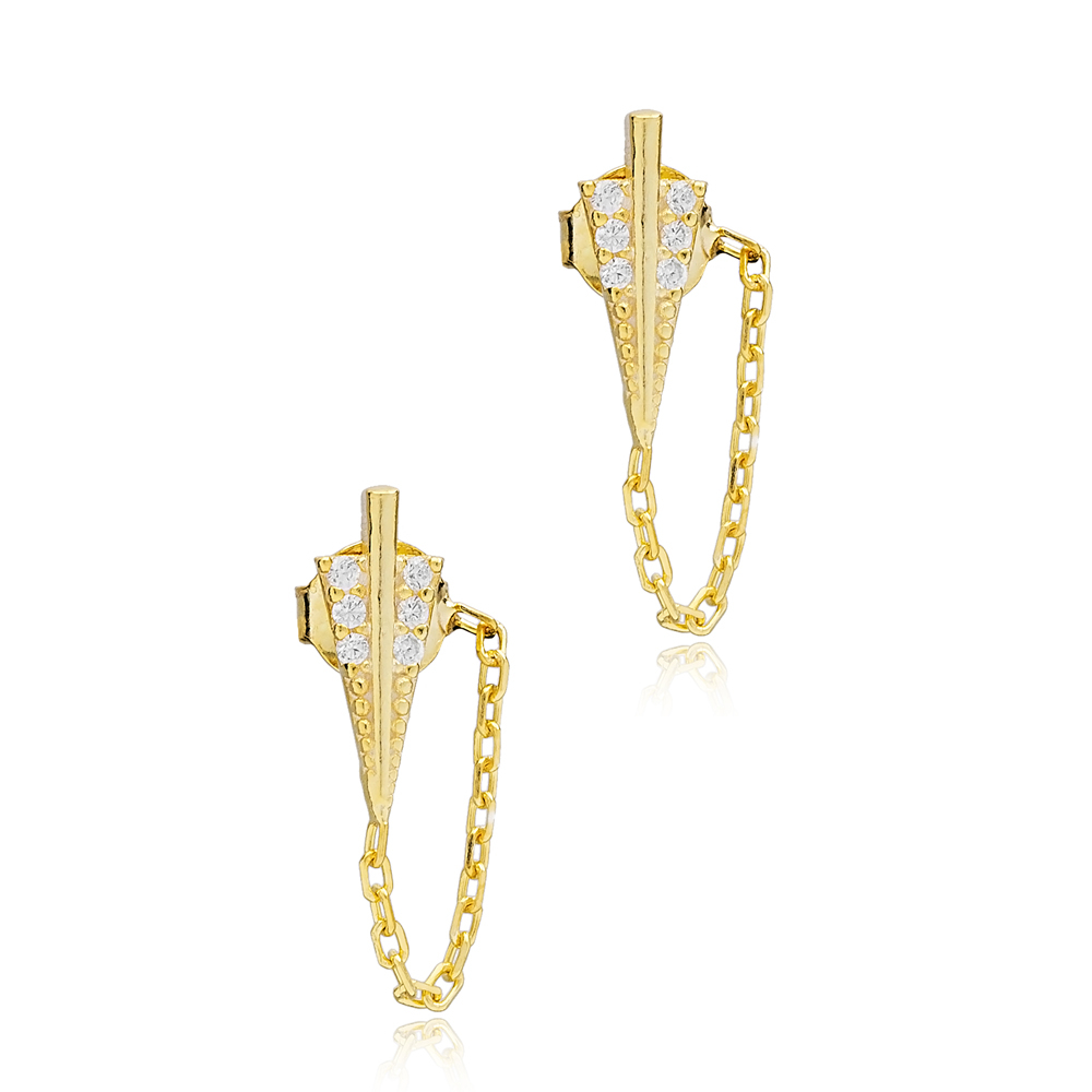 Arrow Link Chain Design Stud Earrings Handcrafted Turkish Wholesale 925 Sterling Silver Jewelry