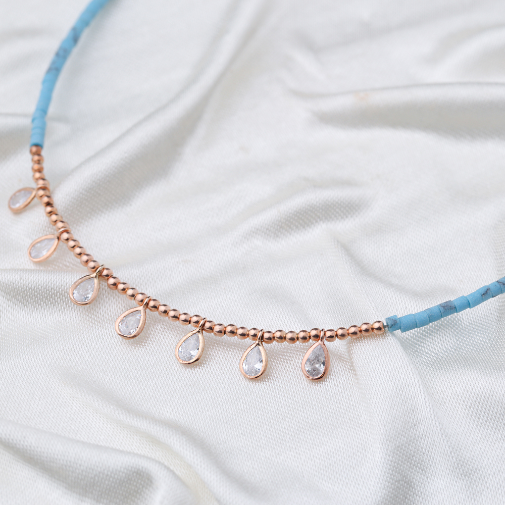 Drop Zircon Stone Charms and Turquoise Afghan Beaded Turkish Wholesale Handcrafted 925 Silver Necklace