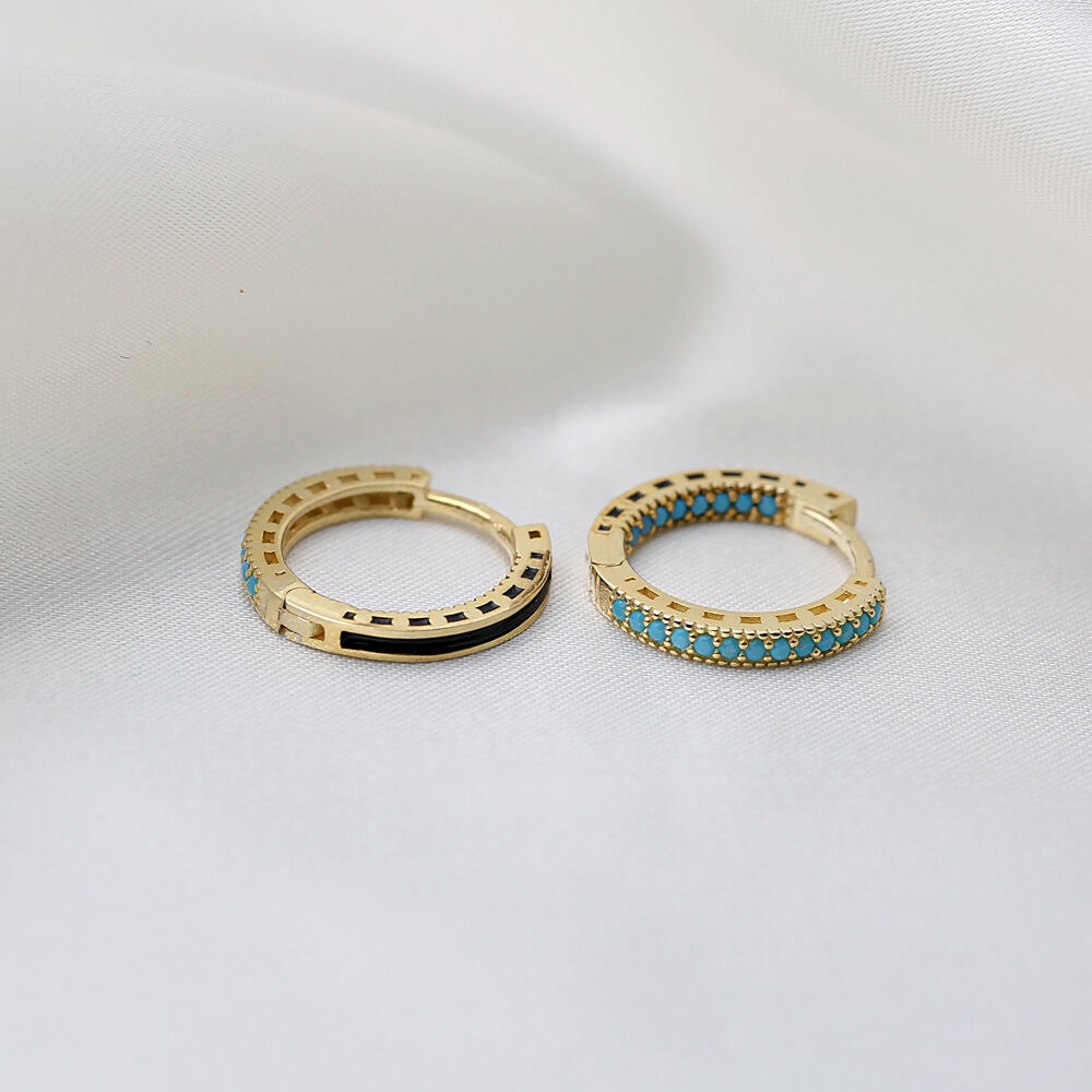 Turquoise Stone 15 mm Hoop Elegant Black Enamel Design Earrings Turkish Handmade 925 Sterling Silver Jewelry