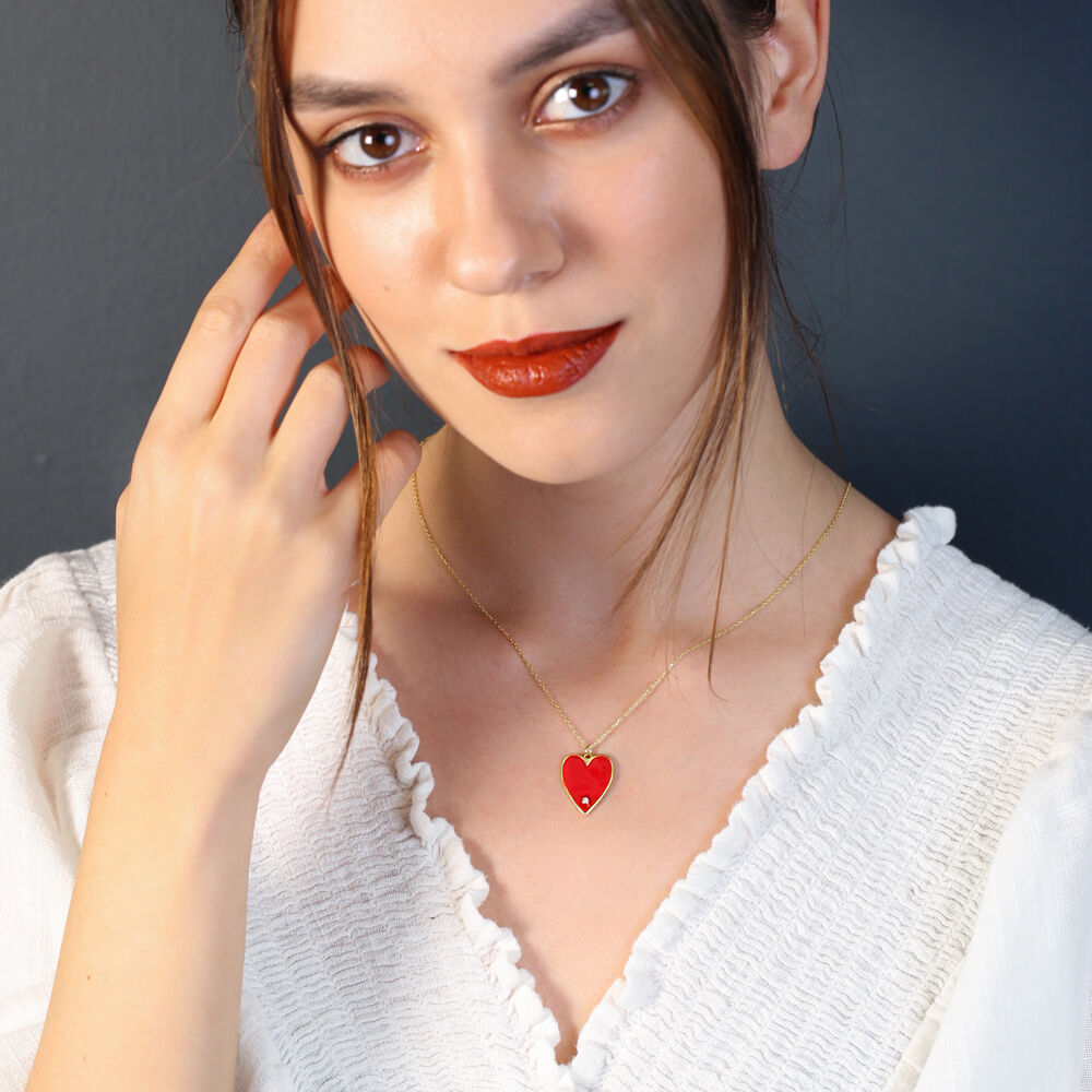 Red Enamel Heart Design Elegant Romantic Pendant Turkish Wholesale 925 Sterling Silver Handcrafted Jewelry