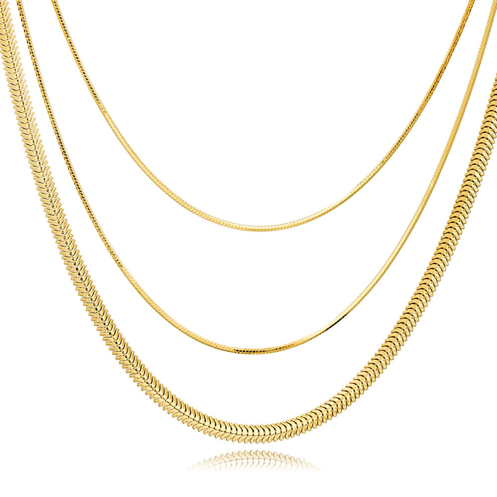 Layered Flat Italian Chain Herringbone Snake Necklaces Wholesale Turkish 925 Sterling Silver Jewelry