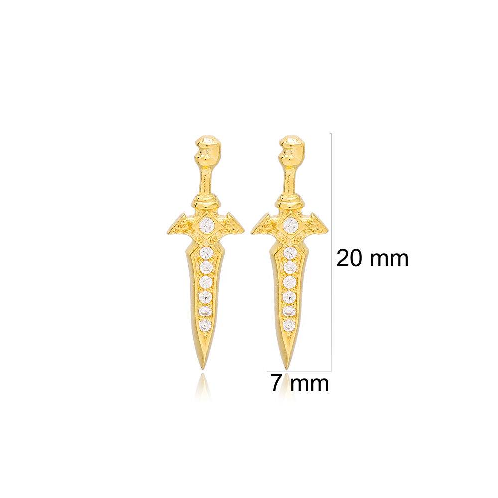 Minimalist Sword Design Zircon Stone Stud Earrings Wholesale Handmade 925 Sterling Silver Jewelry