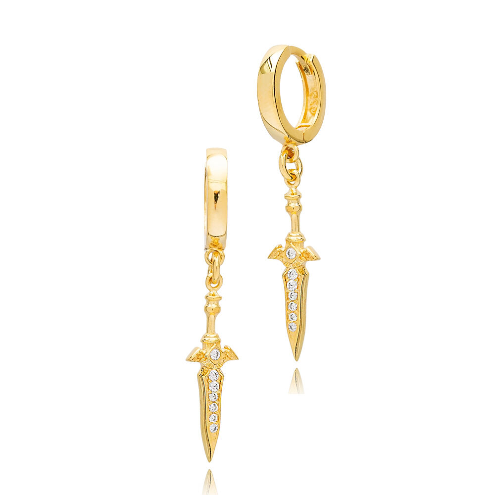 Minimalist Sword Design Zircon Dangle Earrings Wholesale Handcrafted 925 Sterling Silver Jewelry