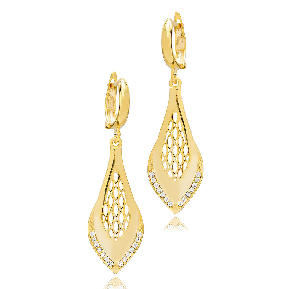 Pear Shape Perforated Design Dangle Earrings 925 Sterling Silver Handcrafted Turkish Jewelry