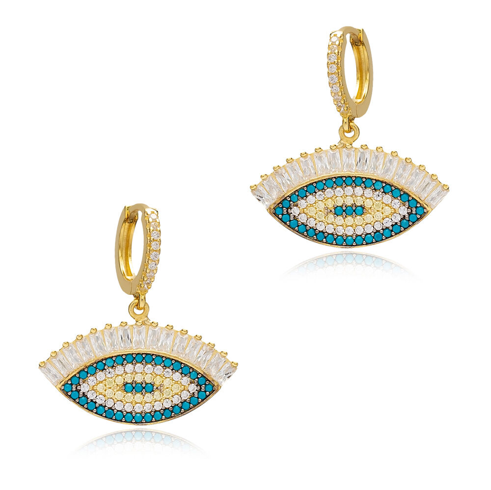 Unique Eye Shape Baguette Zircon Stone Turquoise Dangle Earrings 925 Sterling Silver Jewelry
