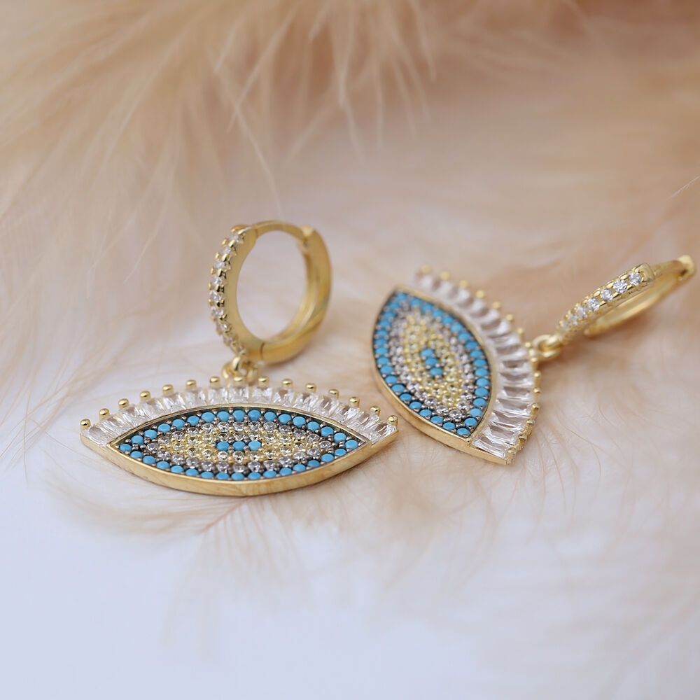 Unique Eye Shape Baguette Zircon Stone Turquoise Dangle Earrings 925 Sterling Silver Jewelry