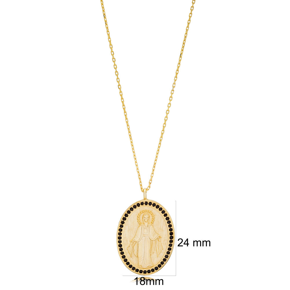 Medallion Style Oval Shape Jesus Design Black Zircon Stone Pendant Necklace 925 Silver Jewelry