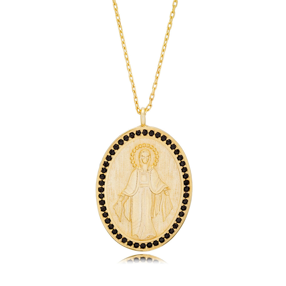 Medallion Style Oval Shape Jesus Design Black Zircon Stone Pendant Necklace 925 Silver Jewelry