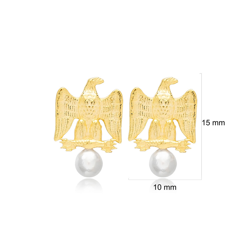 Plain Eagle Design Elegant Pearl Stud Earrings 925 Sterling Silver Handcrafted Wholesale Turkish Jewelry