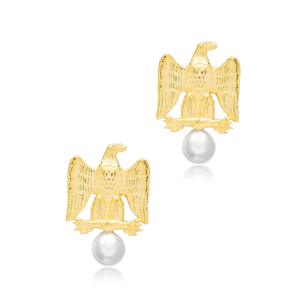 Plain Eagle Design Pearl Stud Earrings 925 Sterling Silver Handcrafted Wholesale Turkish Jewelry