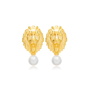 Lion Design Dainty Pearl Stud Earrings 925 Sterling Silver Handcrafted Wholesale Turkish Jewelry