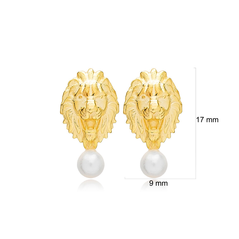 Lion Design Dainty Pearl Stud Earrings 925 Sterling Silver Handcrafted Wholesale Turkish Jewelry