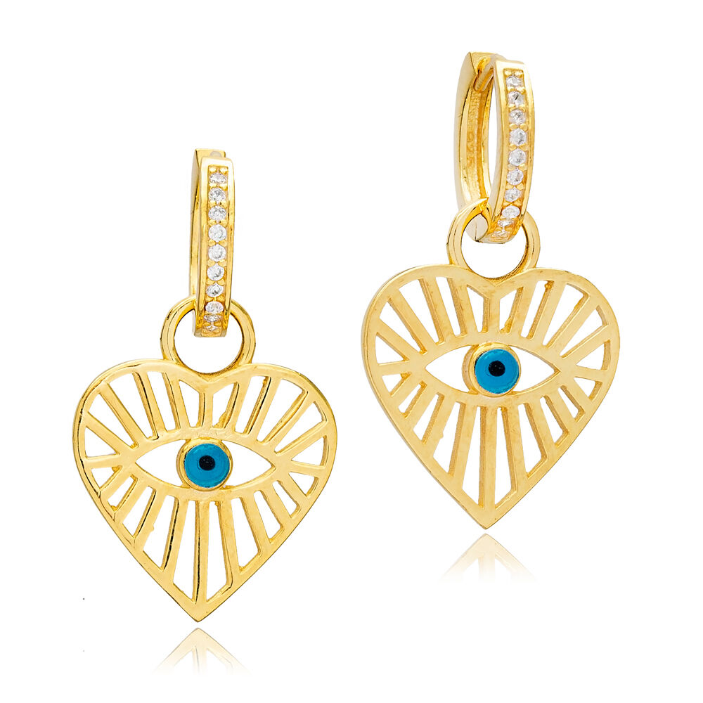 Trendy Popular Evil Eye Charm Heart Design Pattern Shape Dangle Earrings Turkish Silver Jewelry