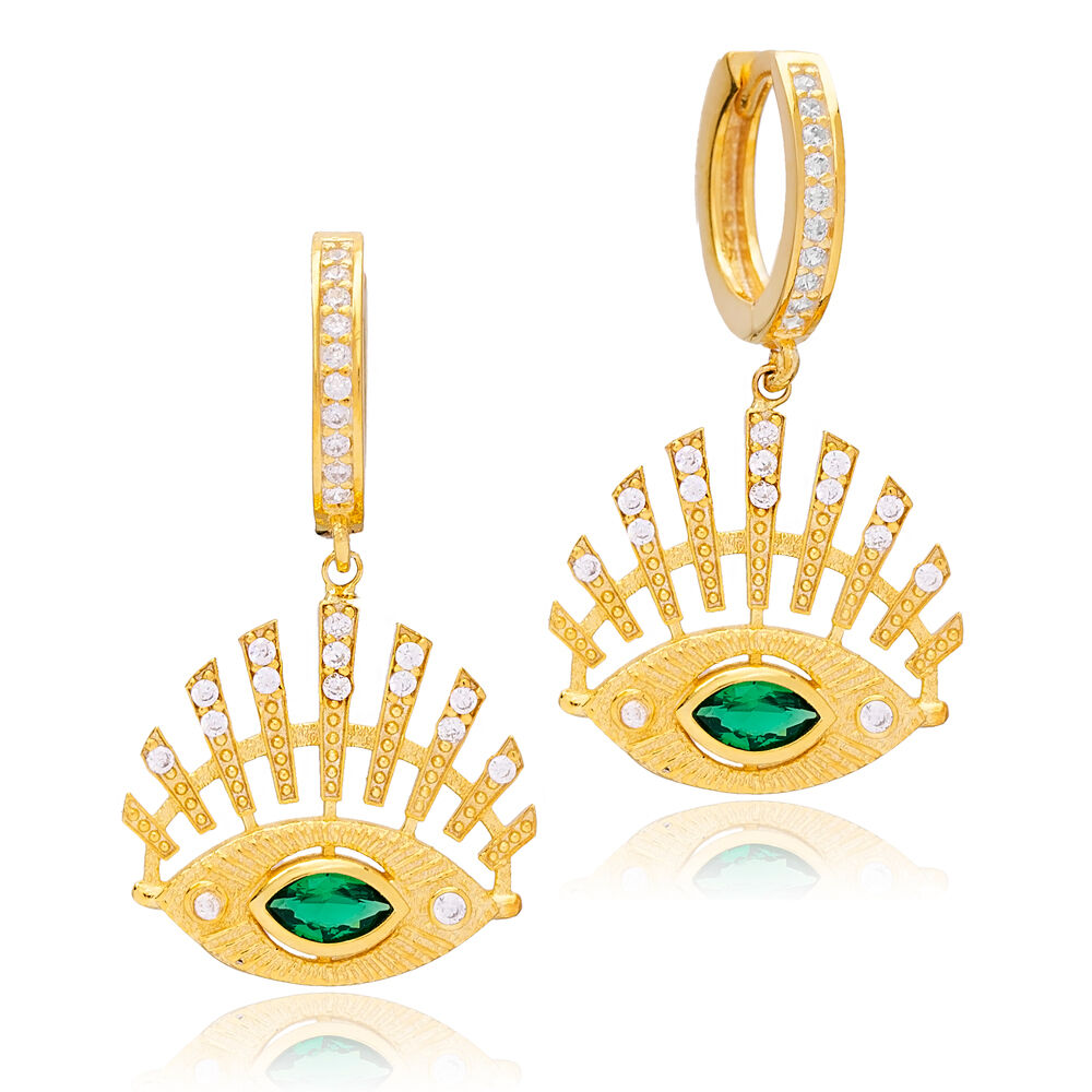 Emerald Stone Dainty Evil Eye Charm Dangle Earrings Turkish Handmade 925 Sterling Silver Jewelry