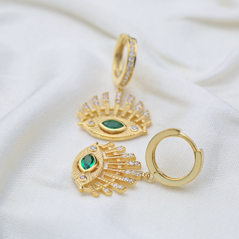 Emerald Stone Dainty Evil Eye Charm Dangle Earrings Turkish Handmade 925 Sterling Silver Jewelry