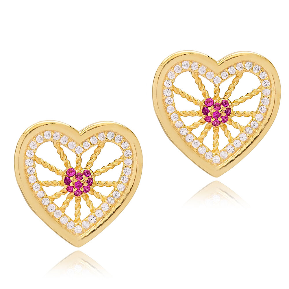 Love Heart Shape Pattern Design Ruby Stone Dainty Stud Earrings 925 Sterling Silver Jewelry