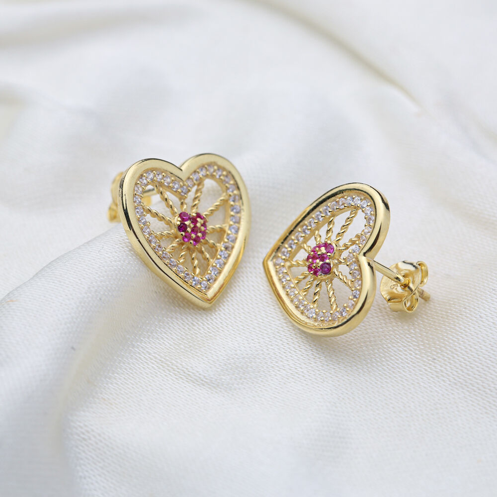 Love Heart Shape Pattern Design Ruby Stone Dainty Stud Earrings 925 Sterling Silver Jewelry