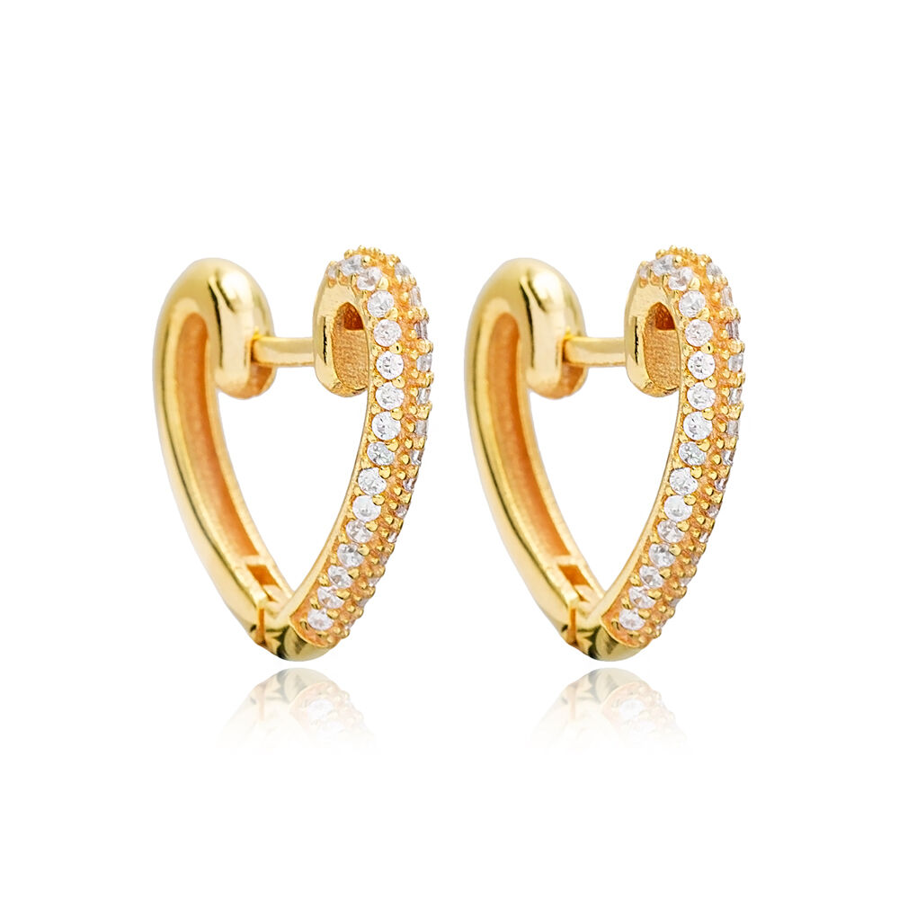 Minimalist Heart Design Basic CZ Stone Hoop Earrings Turkish Wholesale 925 Sterling Silver Jewelry