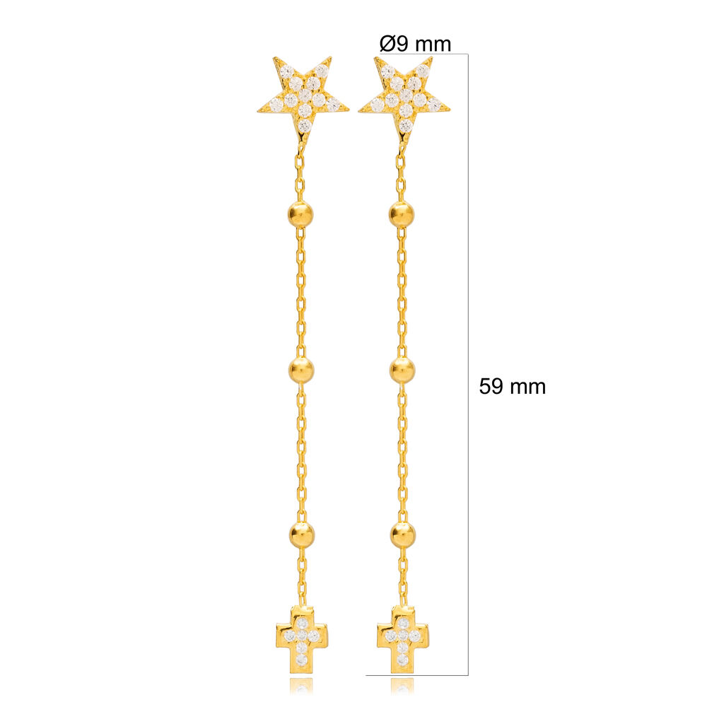 Trendy Star and Cross Design Stud Long Ball Chain Earrings Wholesale 925 Sterling Silver Jewelry