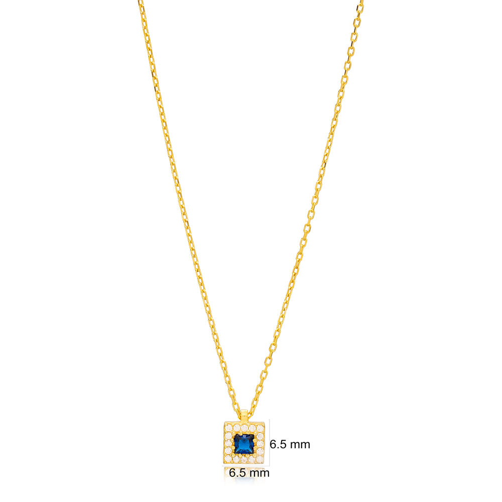 Square Shape Minimalist Charm Pendant Necklace Sapphire Stone Handmade 925 Sterling Jewelry
